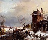 Figures With A Horse Sledge On The Ice, A Town In The Distance by Andreas Schelfhout